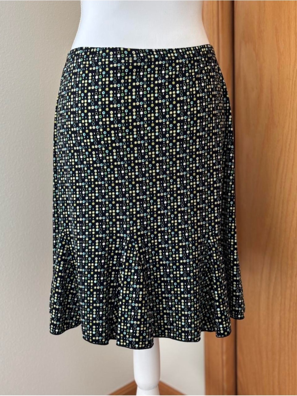 Briggs New York Black Midi Skirt with Yellow and Blue Dot Print